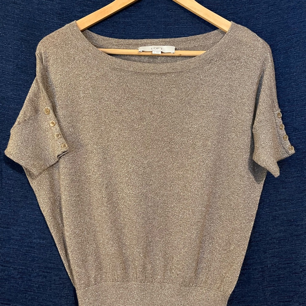 LOFT Shimmering Gold/Tan Short Sleeve Blouse